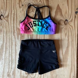 Justice sports bra size 26 (6/7) and bike shorts with 2” inseam size 6/7